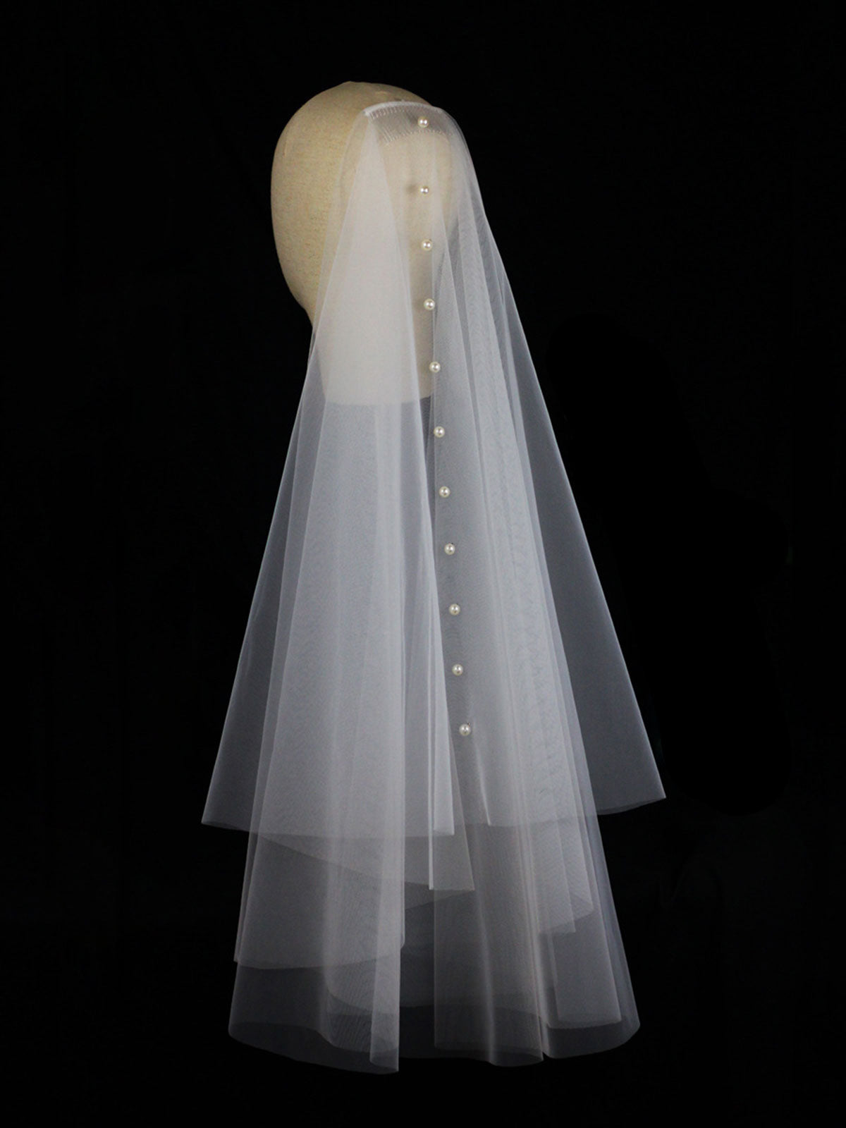 Pearl Cut Edge Two Tier Tulle Bridal Fingertip Length Wedding Veils With Blusher UK
