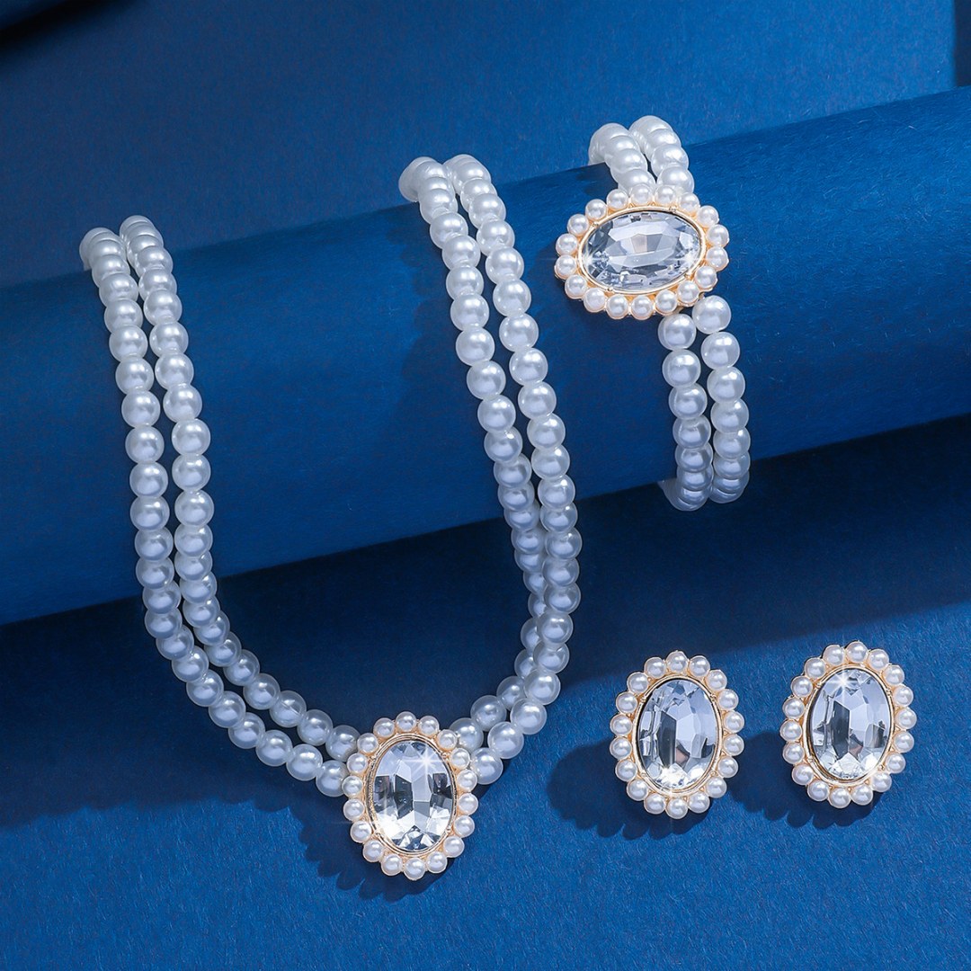 3 Set Luxury Pearl Crystal Jewelry Set Necklace Bracelet Jewelry UK