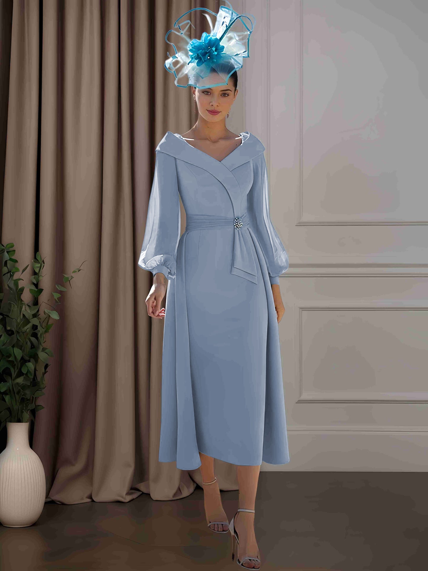 A-Line/Princess V-Neck Long Sleeves Tea-Length Mother of the Bride Dresses with Ruffle, Lace & Sequins UK