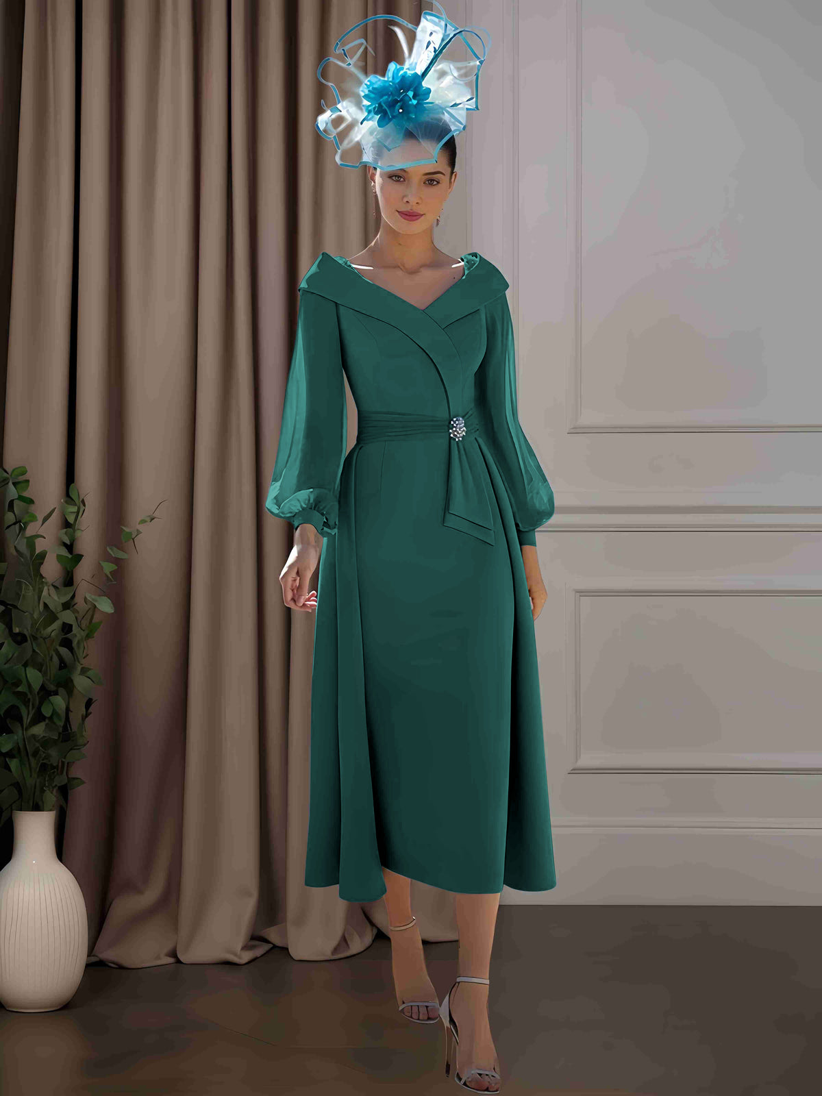 A-Line/Princess V-Neck Long Sleeves Tea-Length Mother of the Bride Dresses with Ruffle, Lace & Sequins UK