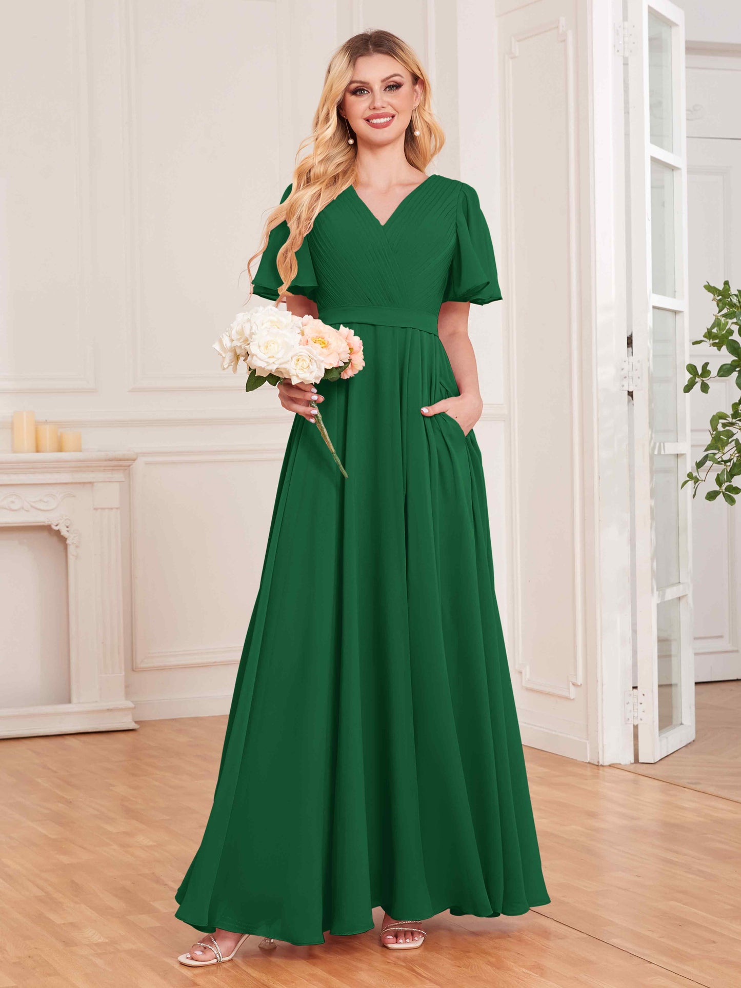Charming V Neck Short Sleeves Chiffon Bridesmaid Dresses UK With Pockets