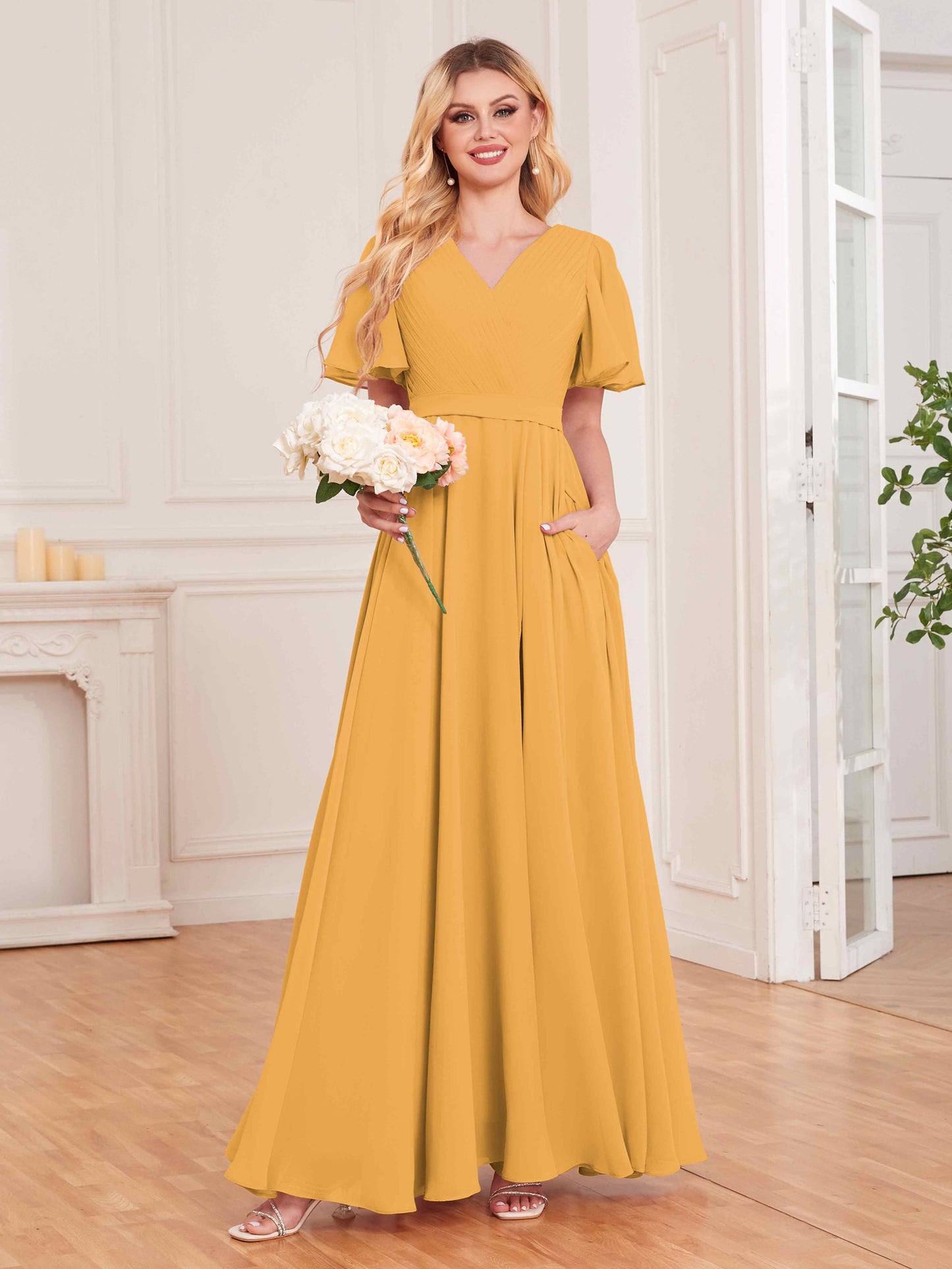 Charming V Neck Short Sleeves Chiffon Bridesmaid Dresses UK With Pockets