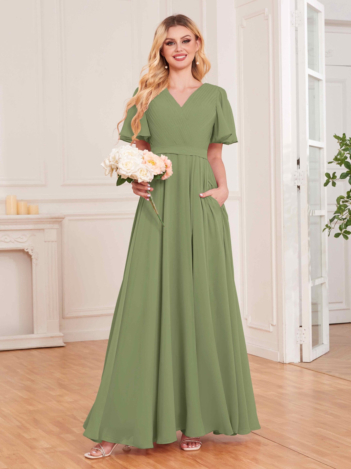 Charming V Neck Short Sleeves Chiffon Bridesmaid Dresses UK With Pockets