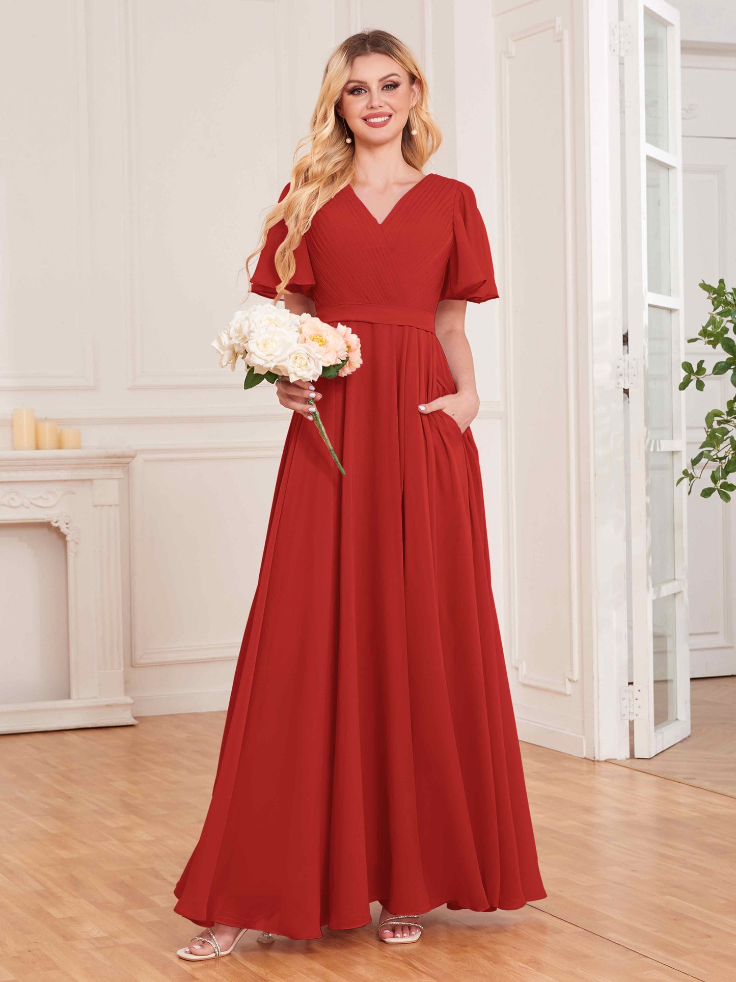 Charming V Neck Short Sleeves Chiffon Bridesmaid Dresses UK With Pockets
