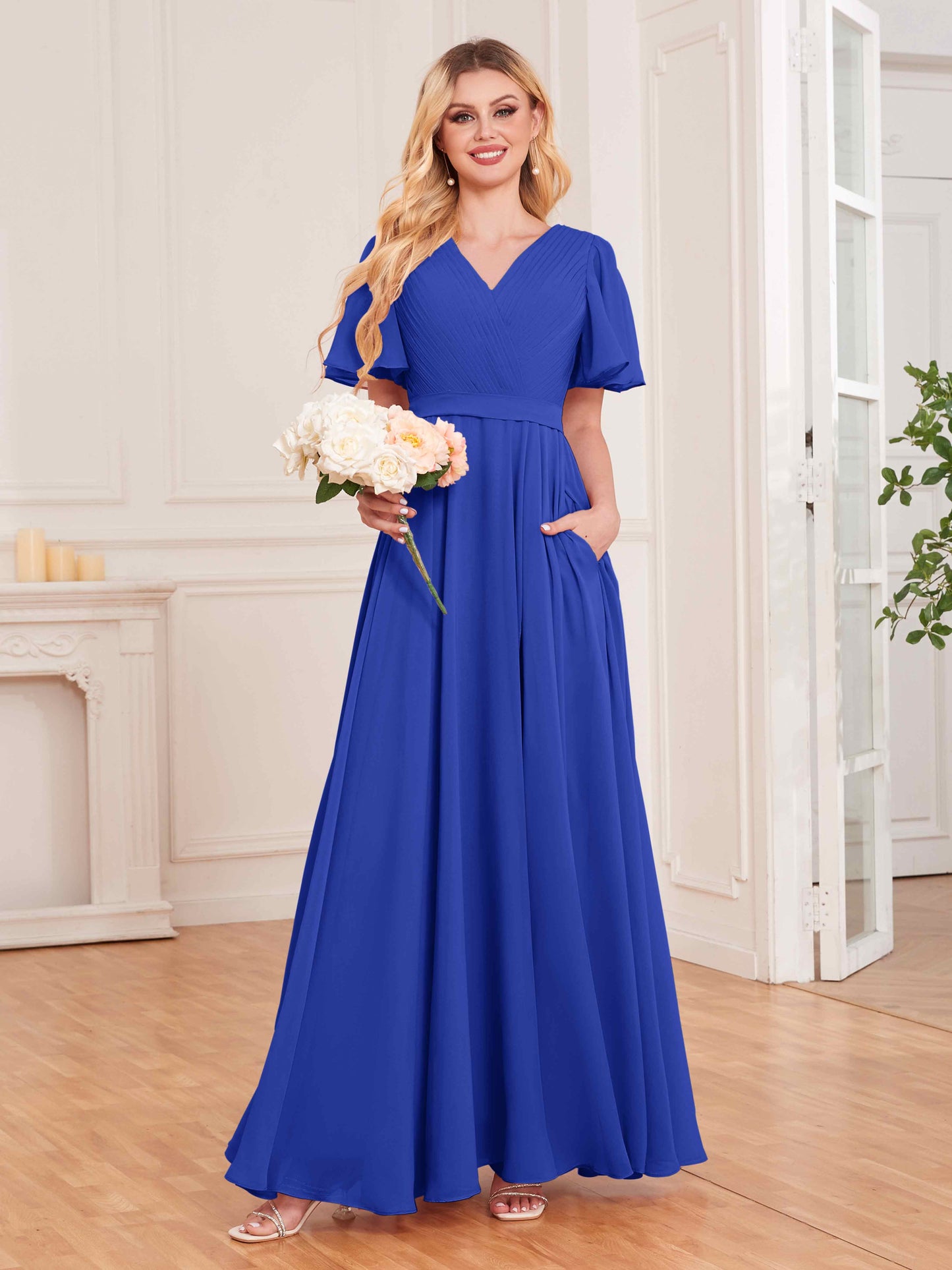 Charming V Neck Short Sleeves Chiffon Bridesmaid Dresses UK With Pockets
