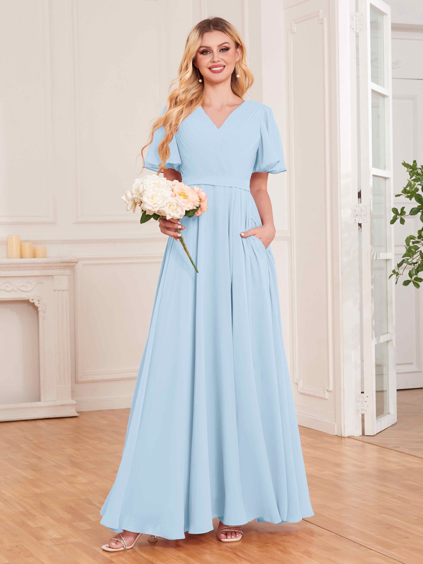 Charming V Neck Short Sleeves Chiffon Bridesmaid Dresses UK With Pockets