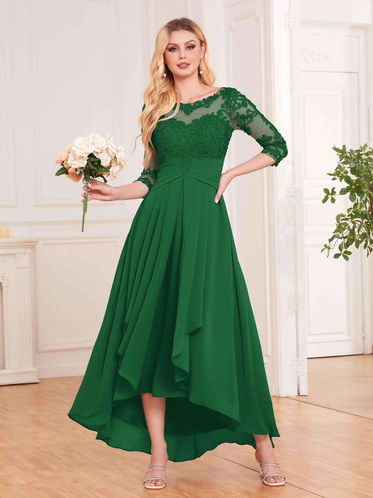 Chic Illusion Lace Half Sleeves High Low Chiffon Bridesmaid Dresses UK
