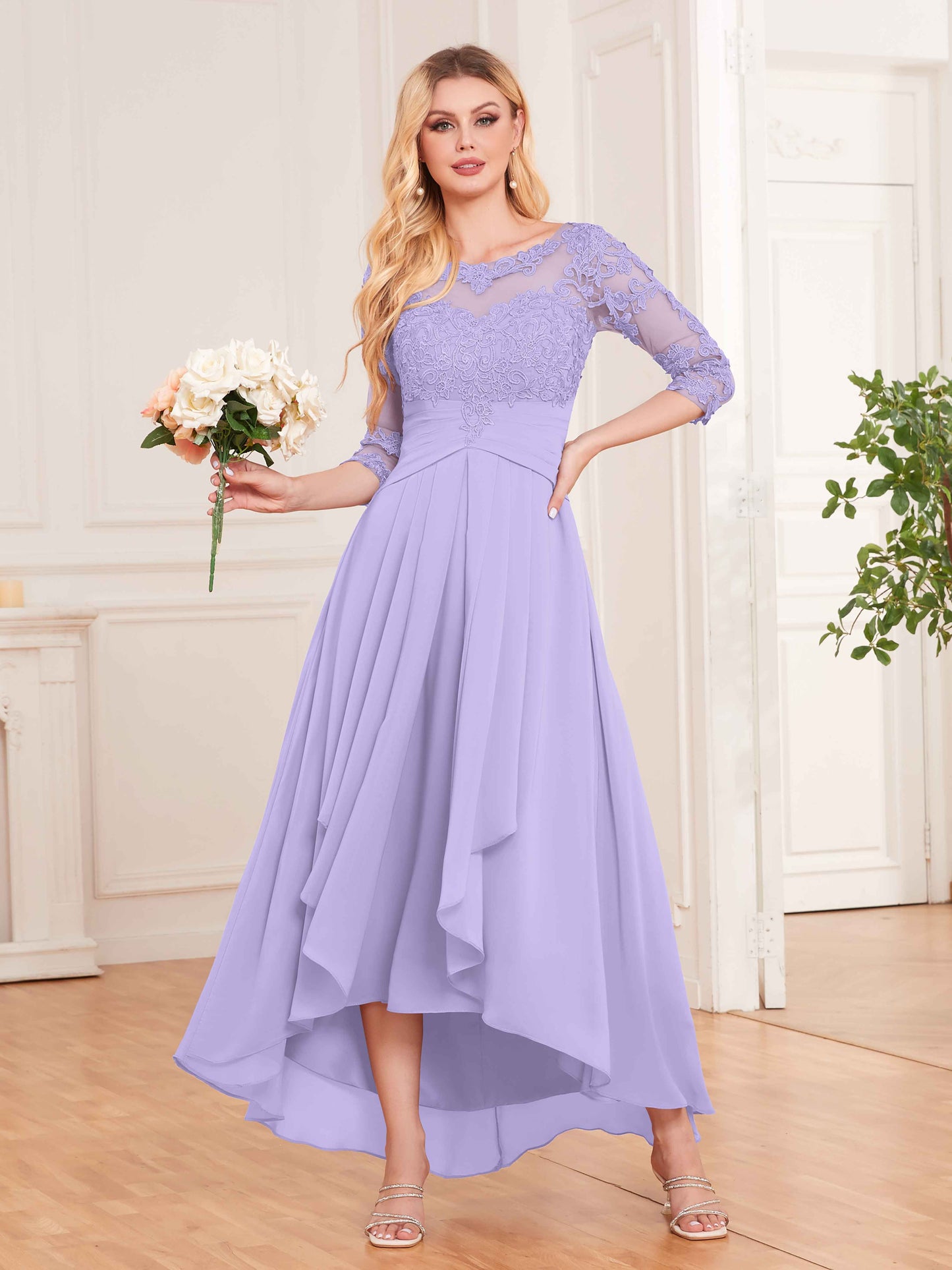 Chic Illusion Lace Half Sleeves High Low Chiffon Bridesmaid Dresses UK