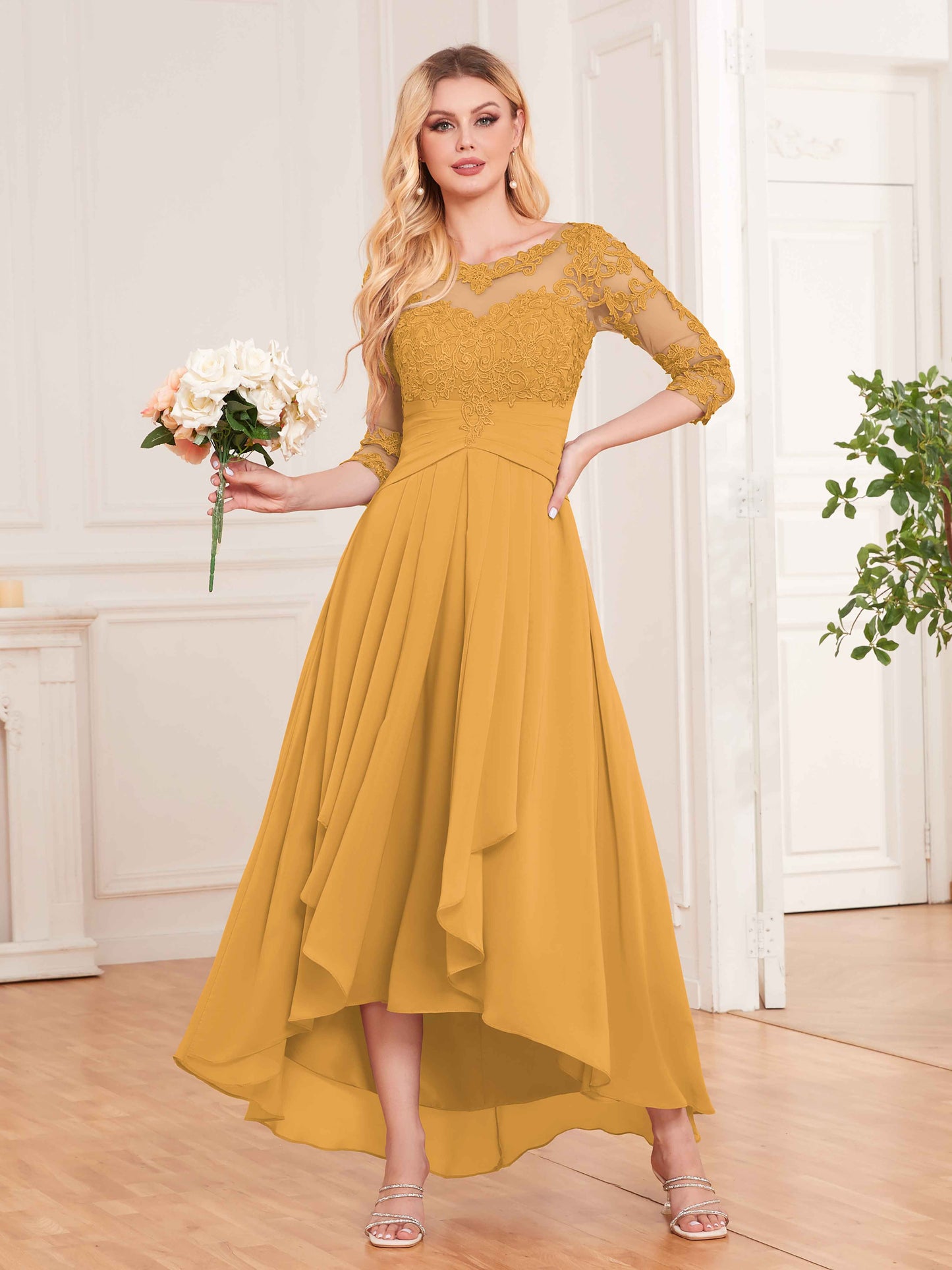 Chic Illusion Lace Half Sleeves High Low Chiffon Bridesmaid Dresses UK