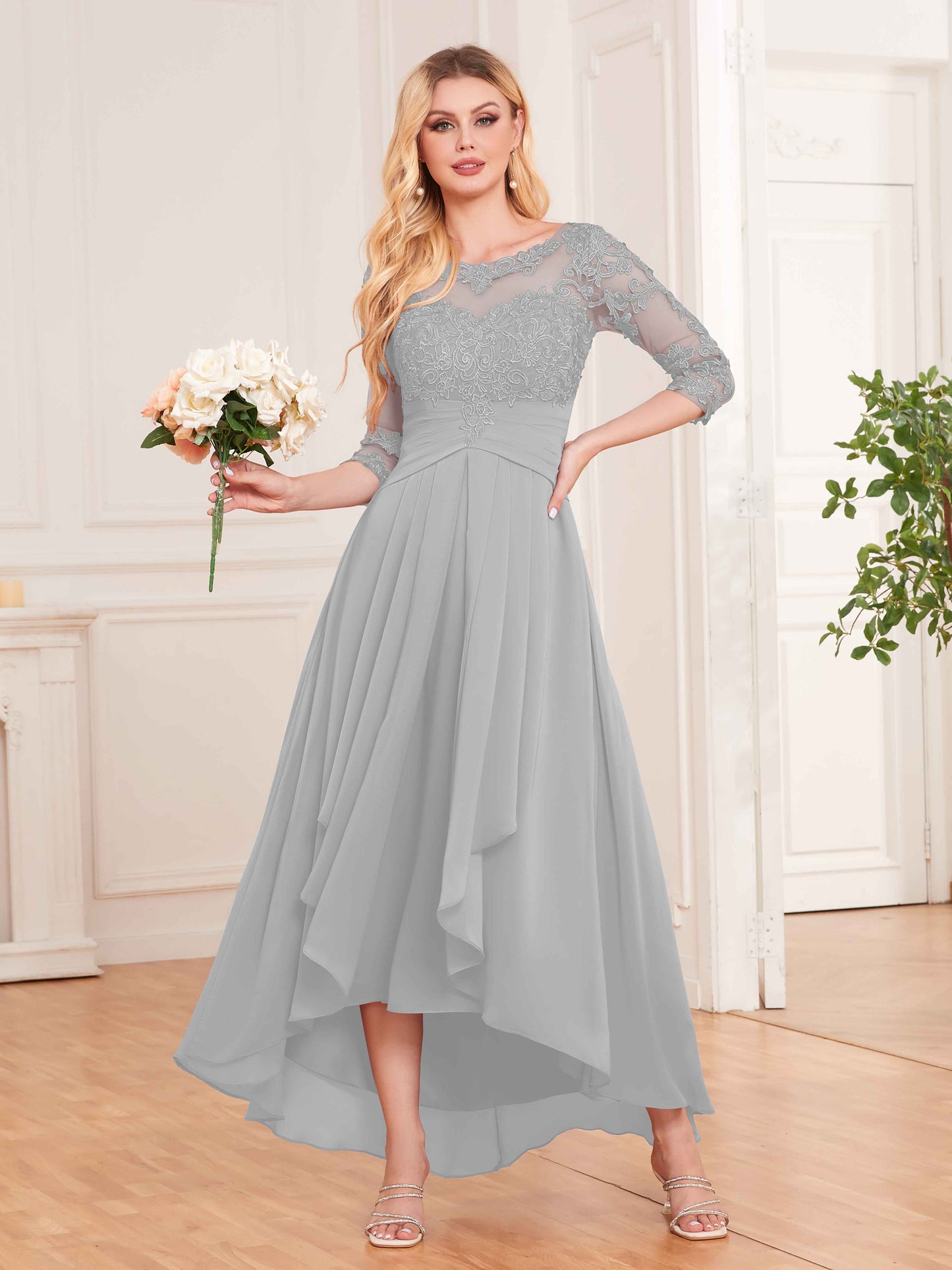 Chic Illusion Lace Half Sleeves High Low Chiffon Bridesmaid Dresses UK