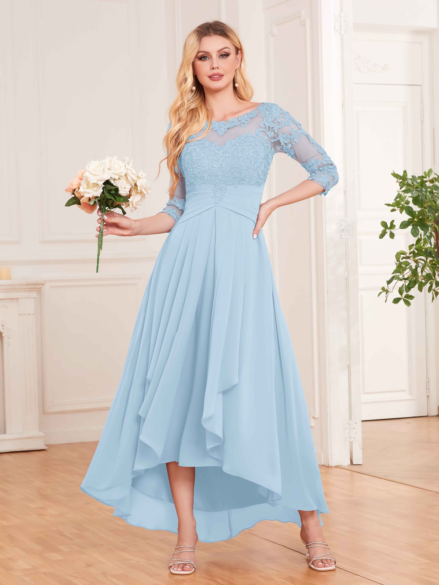 Chic Illusion Lace Half Sleeves High Low Chiffon Bridesmaid Dresses UK