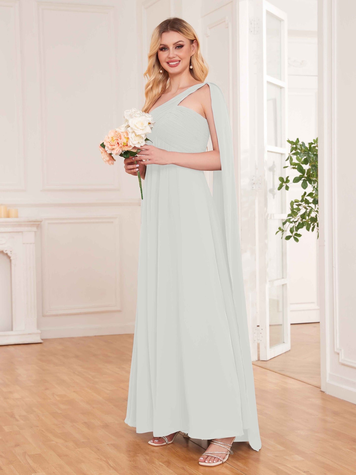 Chic Ruched Flowing Straps Floor Length Chiffon Bridesmaid Dresses UK