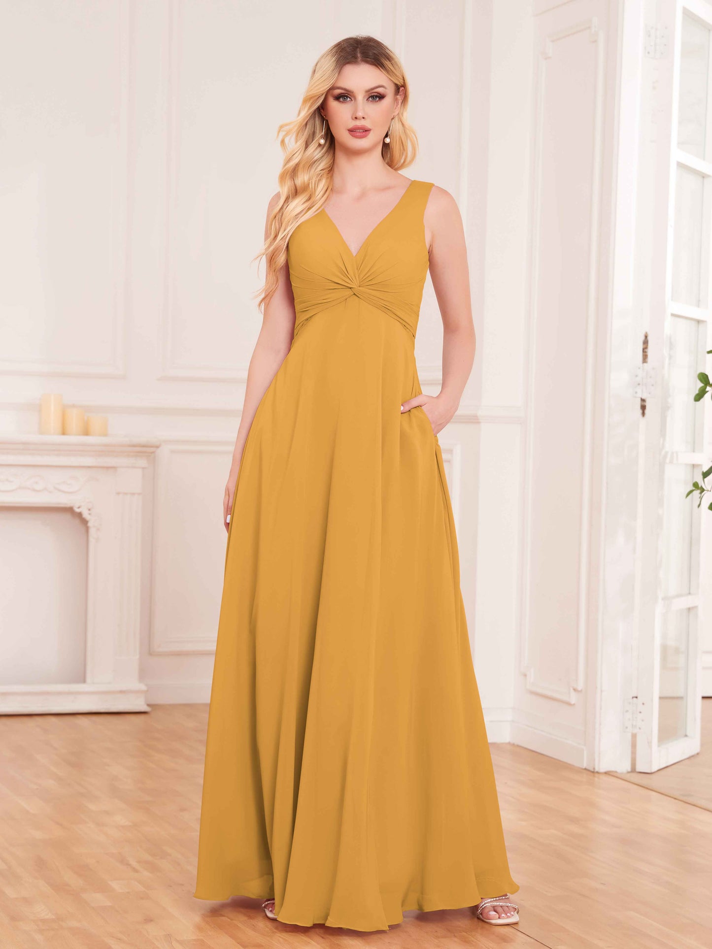 Elegant Pleated Sleeveless Chiffon Bridesmaid Dresses UK With Pockets