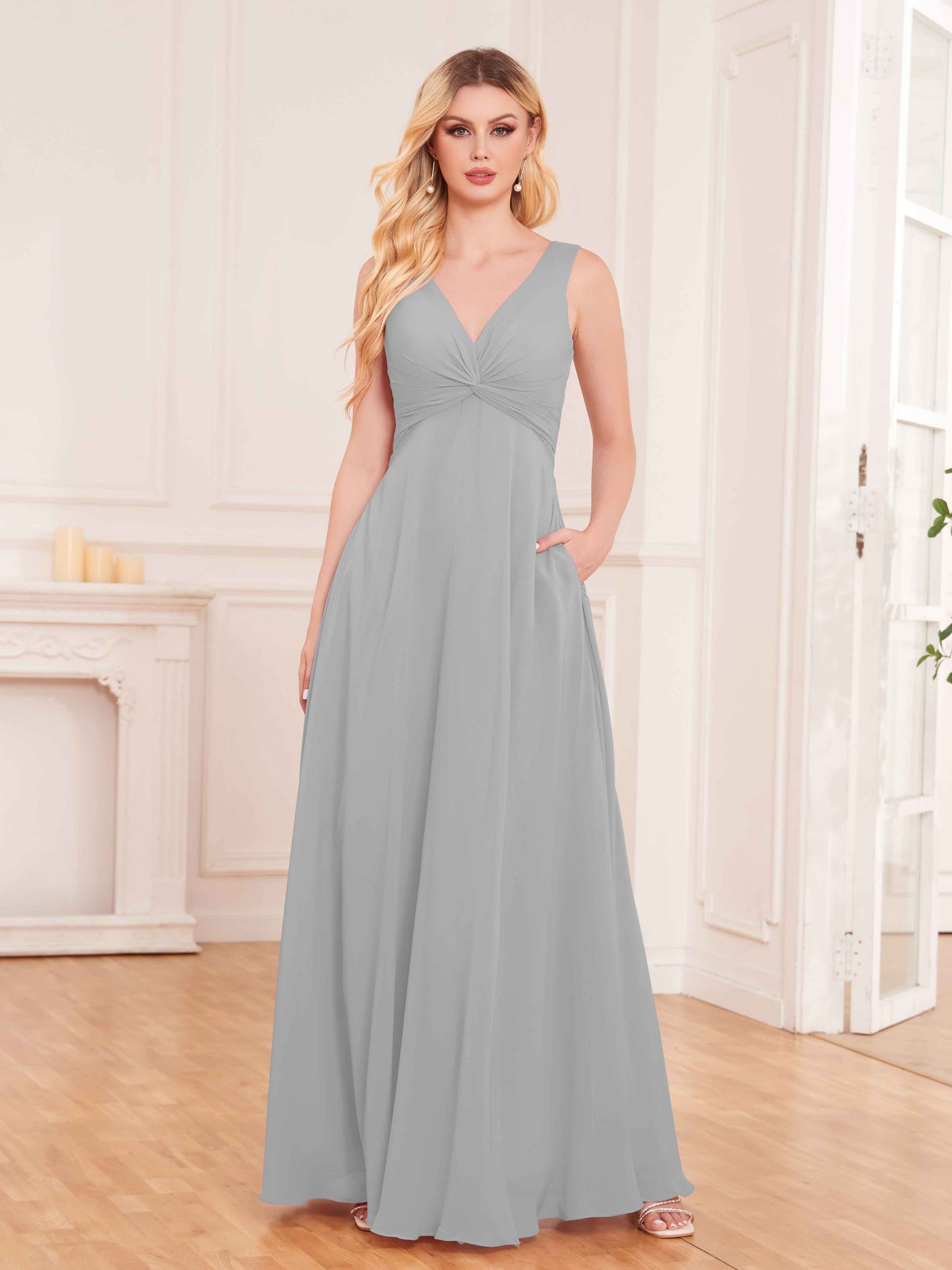 Elegant Pleated Sleeveless Chiffon Bridesmaid Dresses UK With Pockets