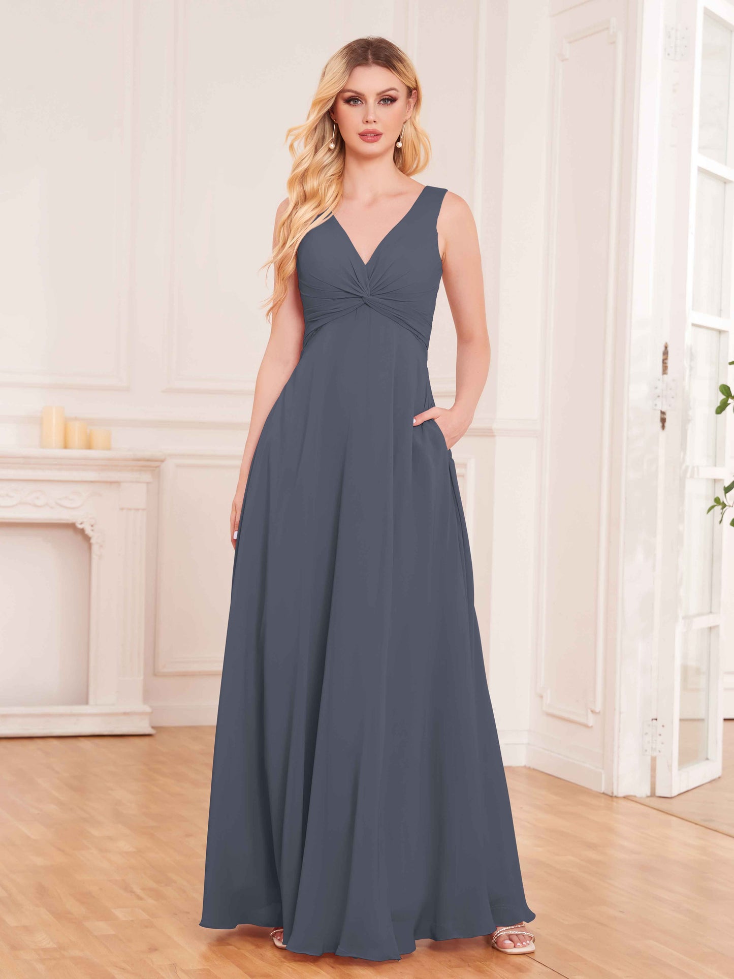 Elegant Pleated Sleeveless Chiffon Bridesmaid Dresses UK With Pockets