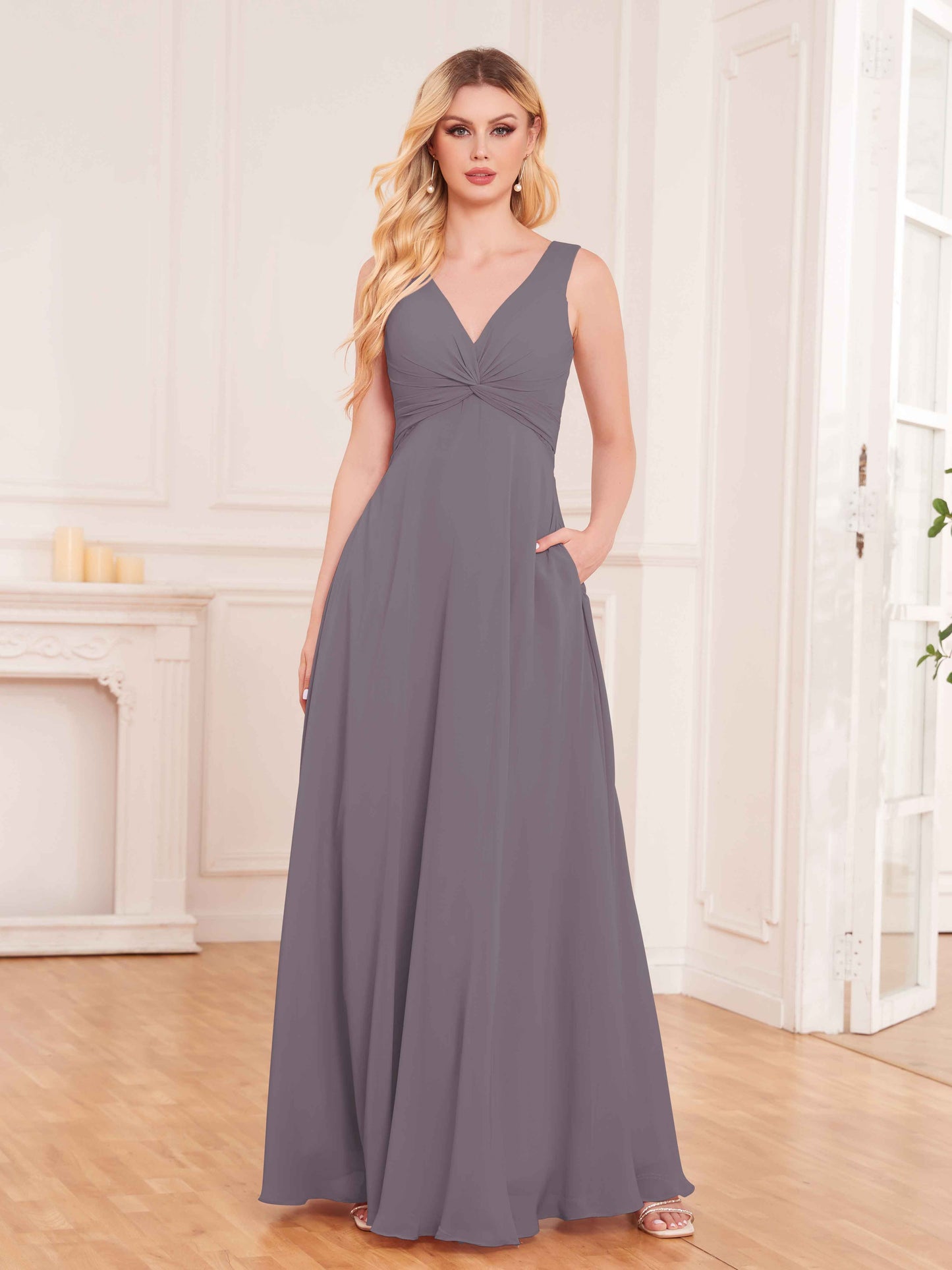 Elegant Pleated Sleeveless Chiffon Bridesmaid Dresses UK With Pockets