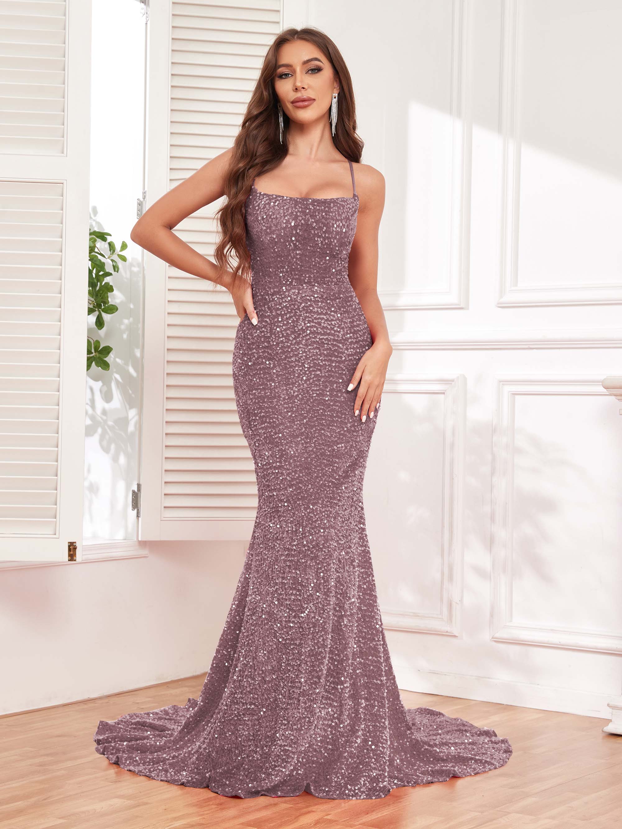 Enchanting Mermaid Brush Train Tie Back Sequin Formal Dresses UK