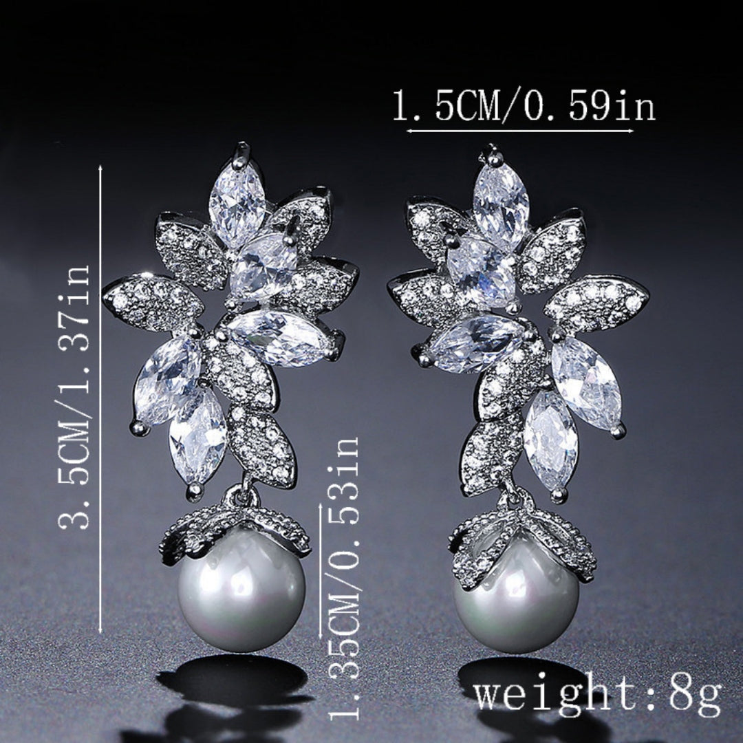 Floral Crystal Pearl Drop Earrings Bridal Leaf Design Silver Rose Gold Elegant Wedding Earrings UK