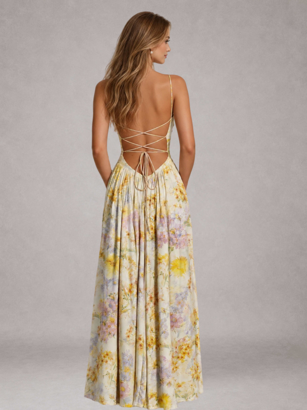 Free Shipping Garden Floral Spaghetti Strap Cowl Neck A-Line Long Bridesmaid Dress with Lace-Up Back UK