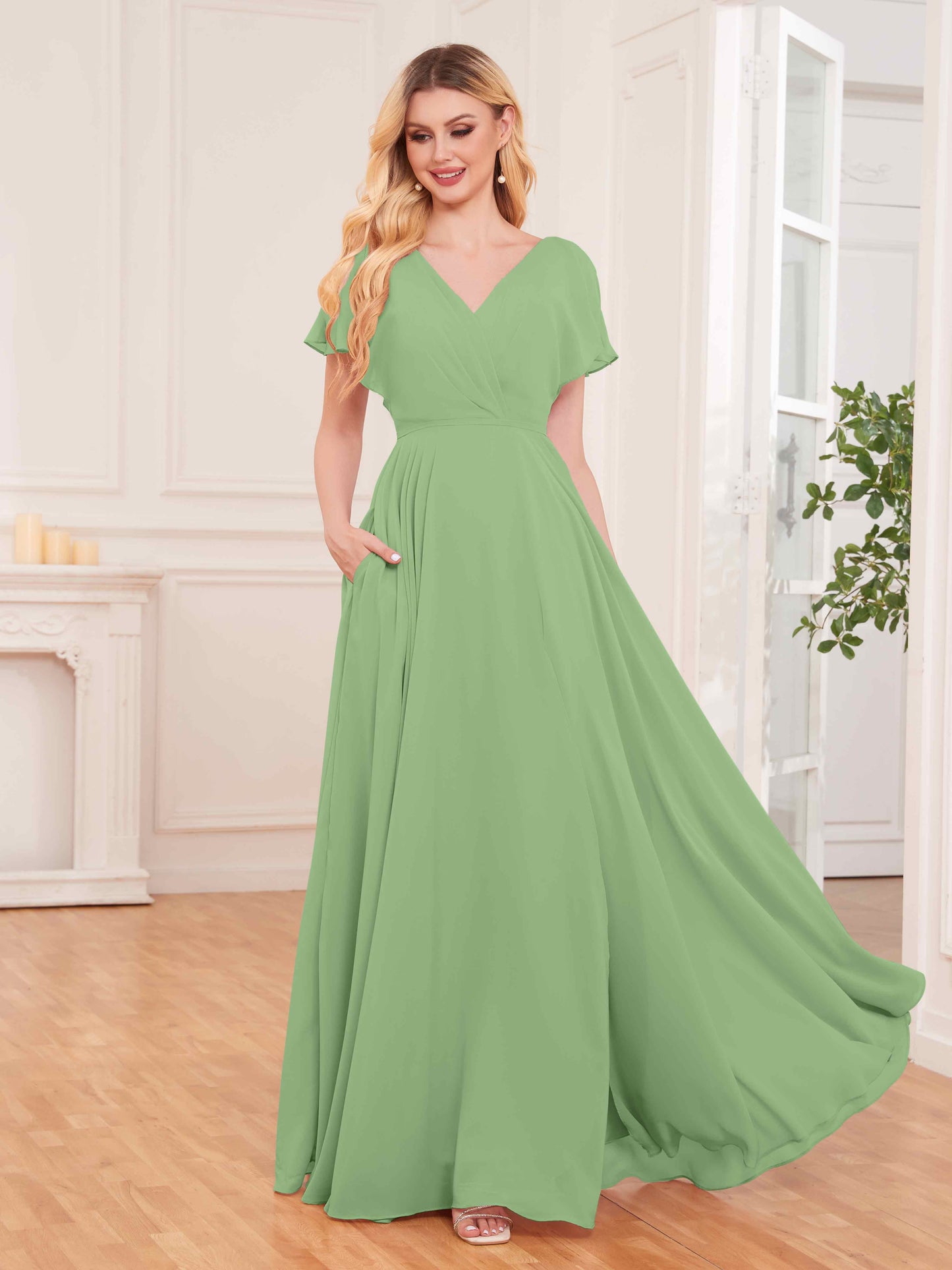 Modern Short Sleeves Slit Chiffon Bridesmaid Dresses UK With Pockets