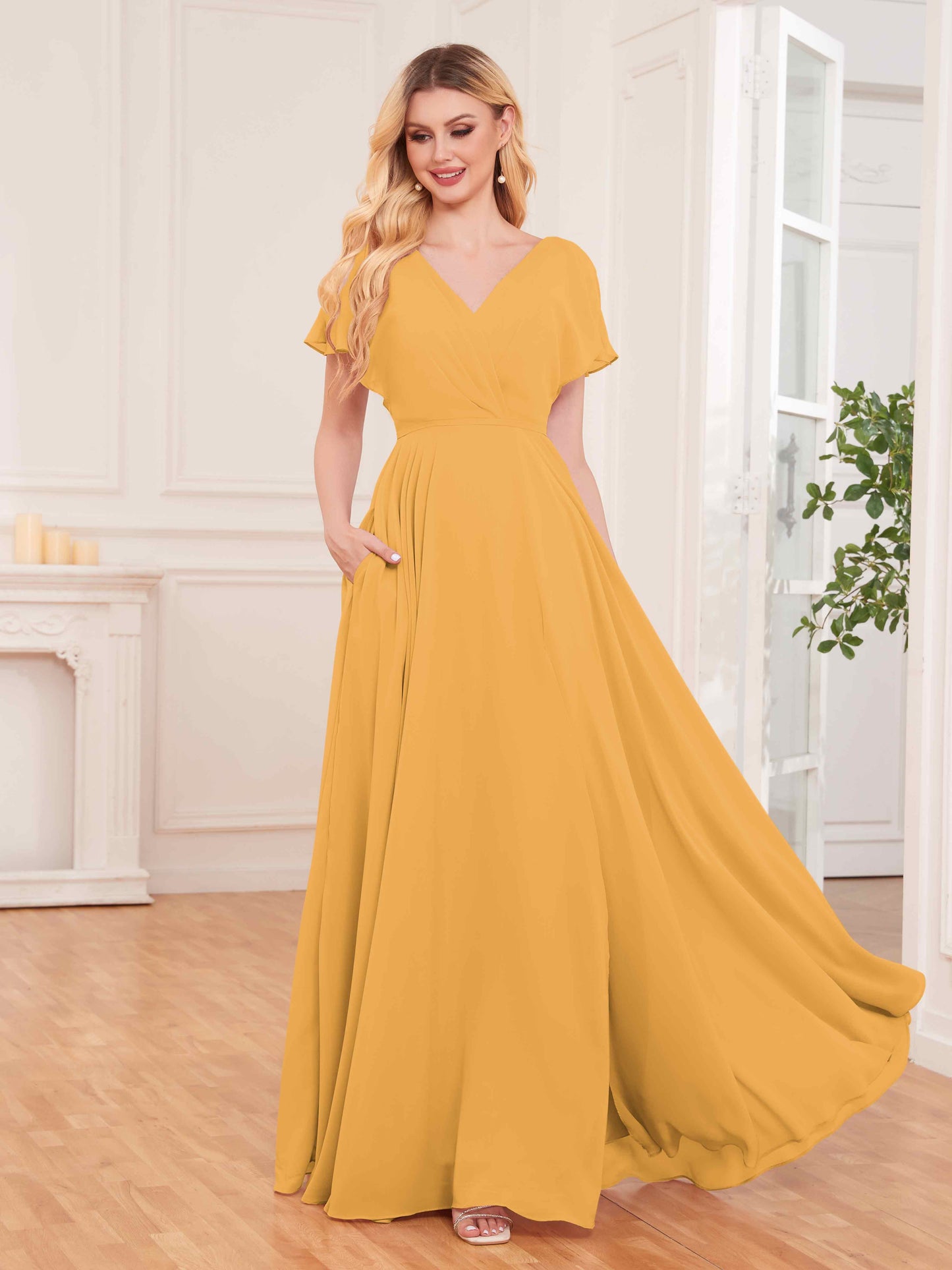 Modern Short Sleeves Slit Chiffon Bridesmaid Dresses UK With Pockets