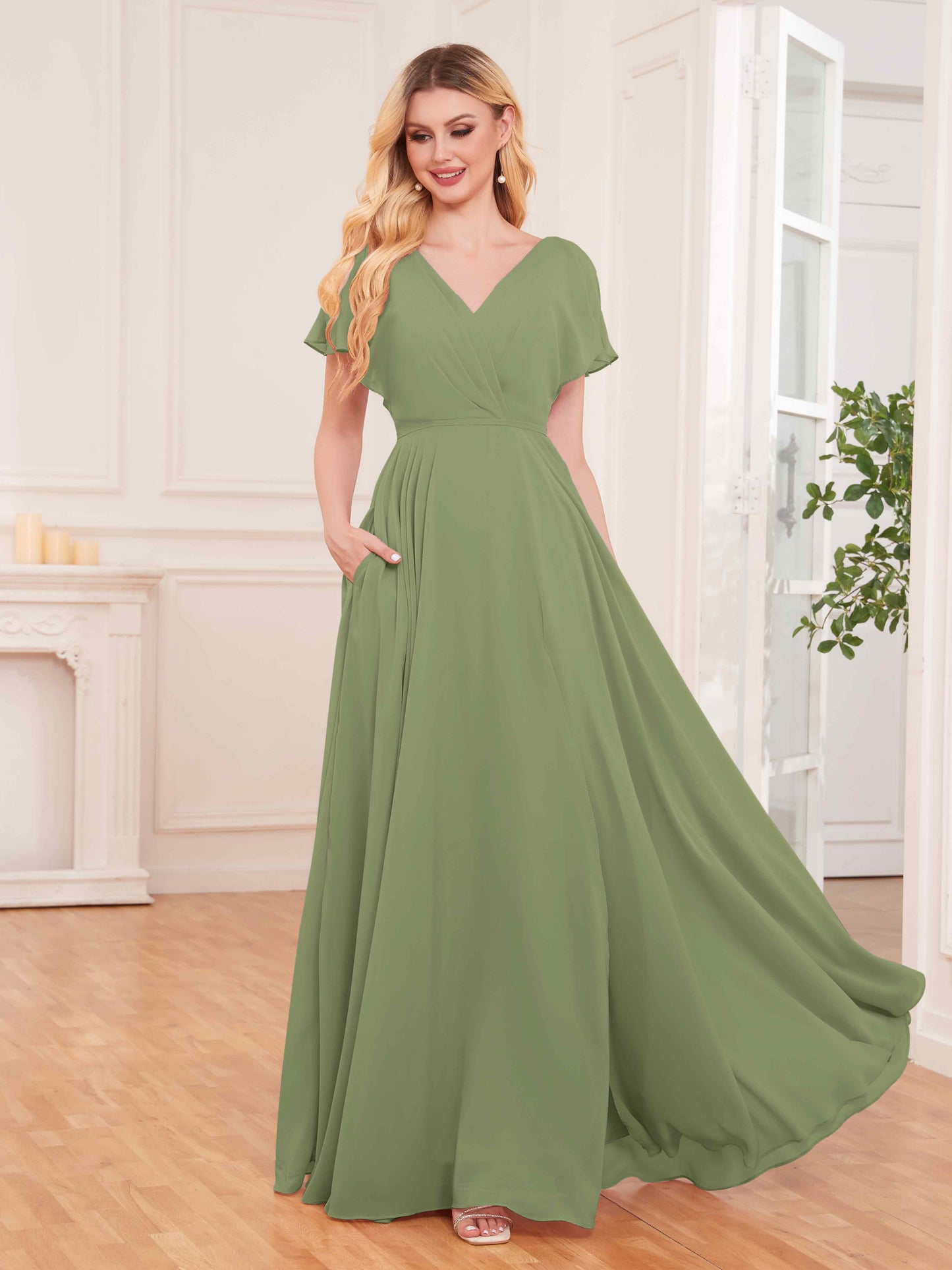 Modern Short Sleeves Slit Chiffon Bridesmaid Dresses UK With Pockets