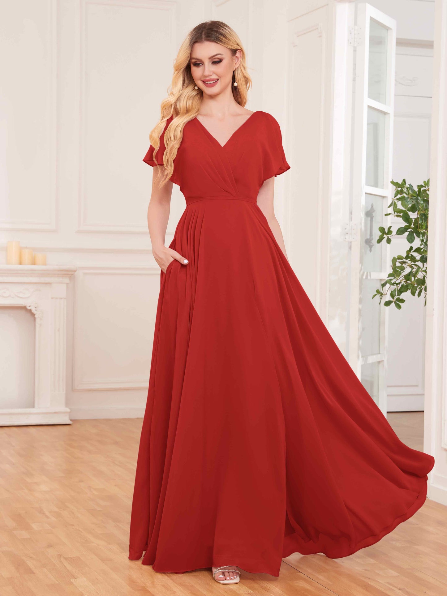 Modern Short Sleeves Slit Chiffon Bridesmaid Dresses UK With Pockets