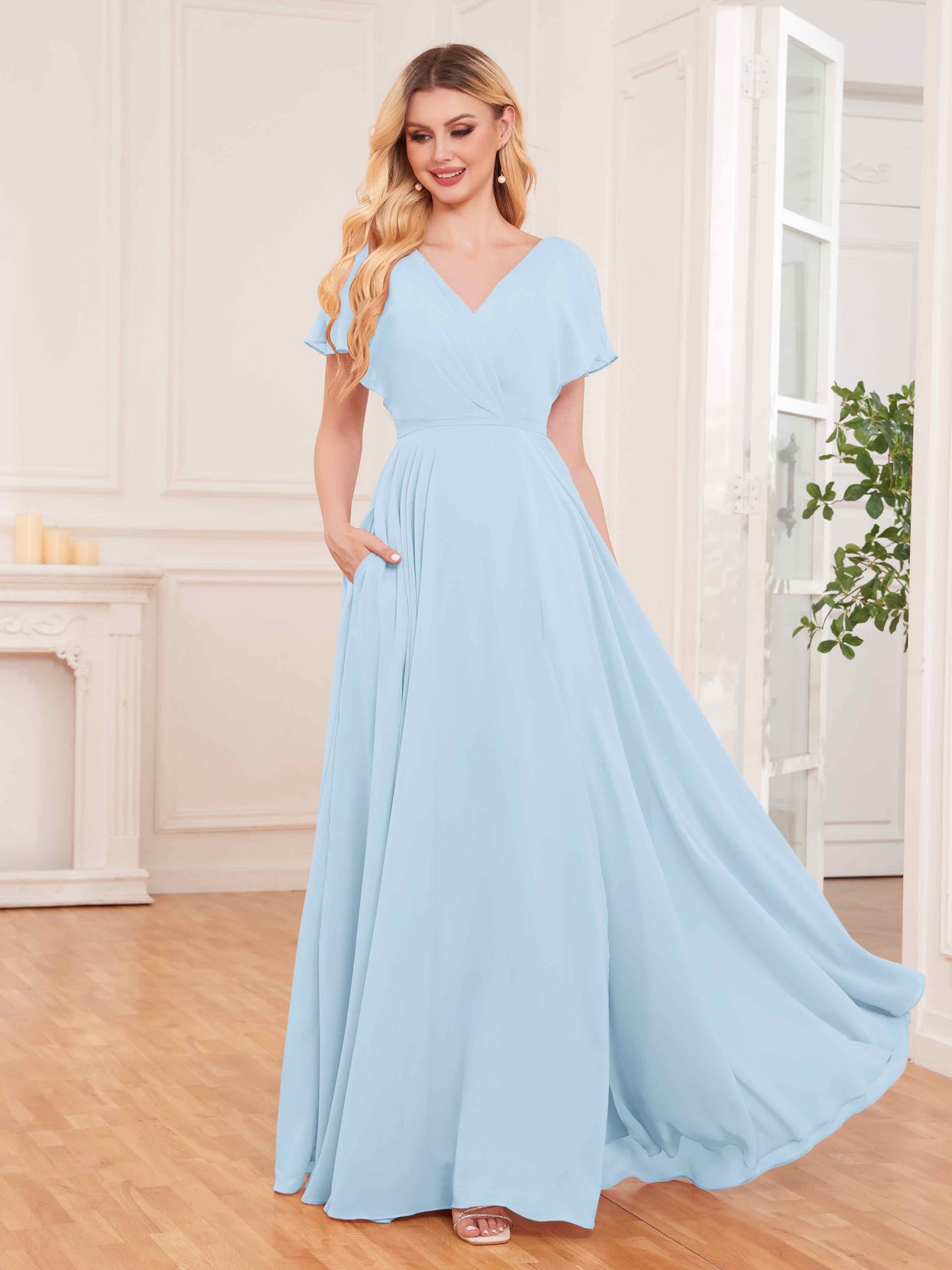 Modern Short Sleeves Slit Chiffon Bridesmaid Dresses UK With Pockets