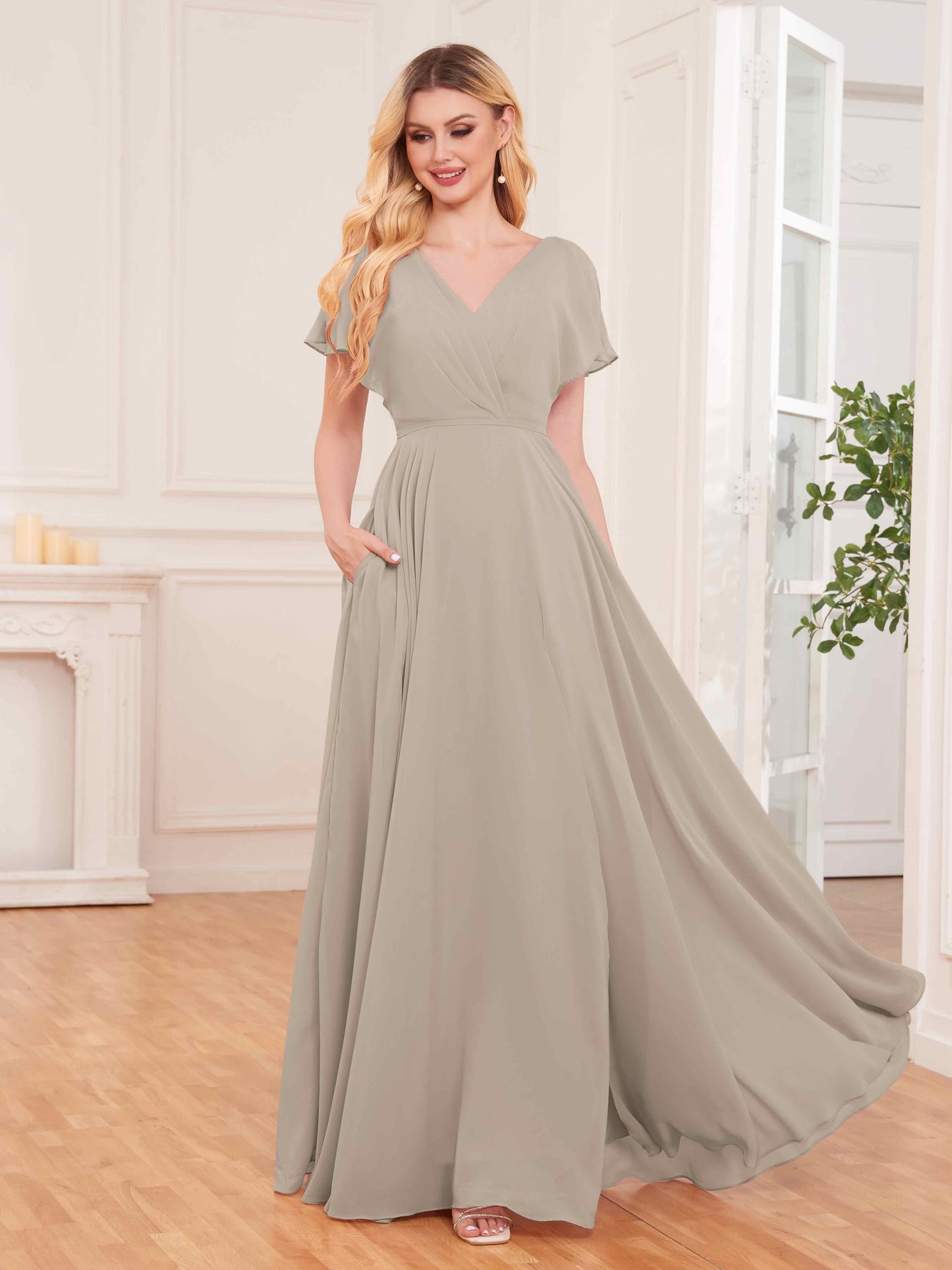 Modern Short Sleeves Slit Chiffon Bridesmaid Dresses UK With Pockets