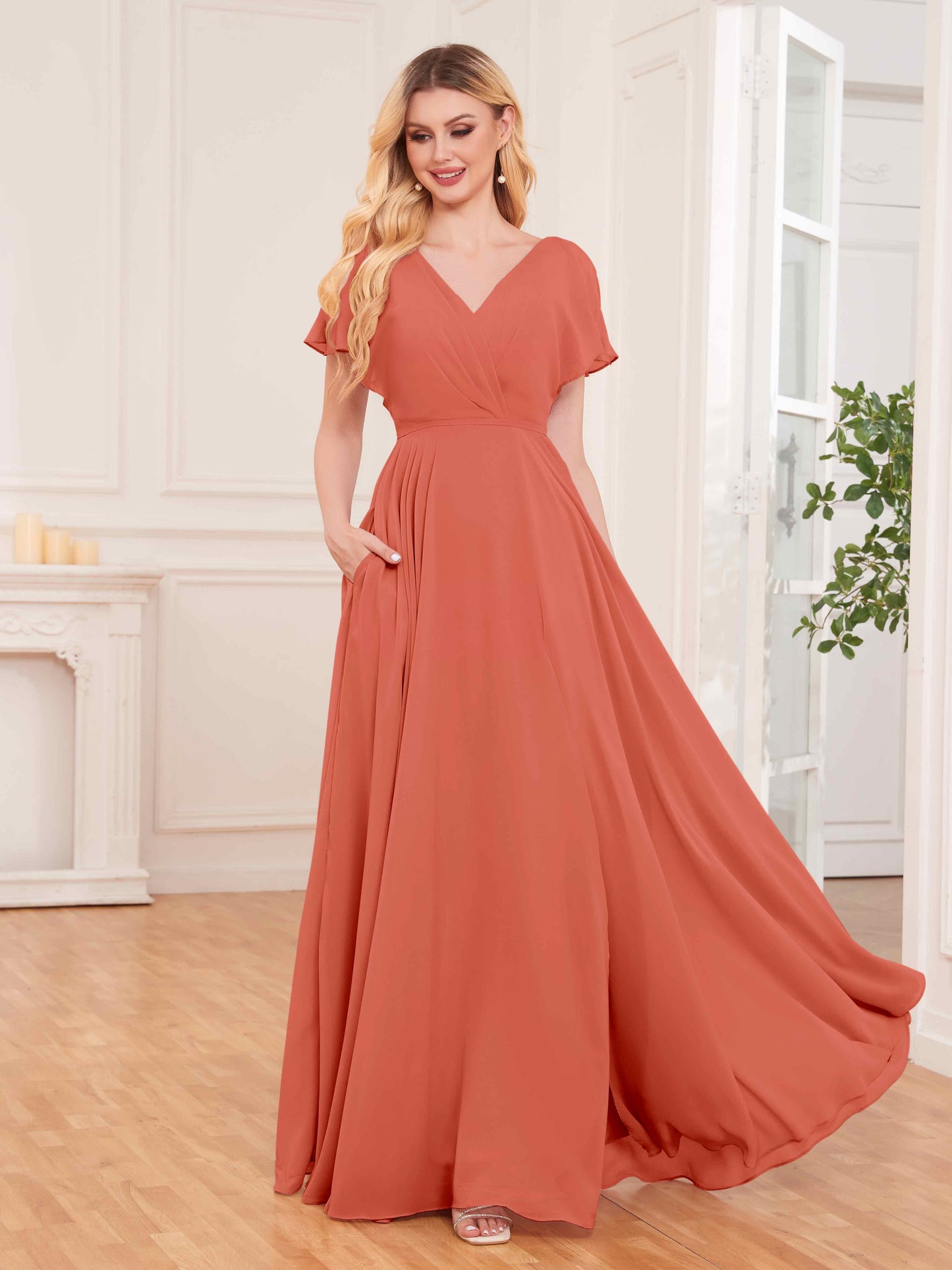 Modern Short Sleeves Slit Chiffon Bridesmaid Dresses UK With Pockets