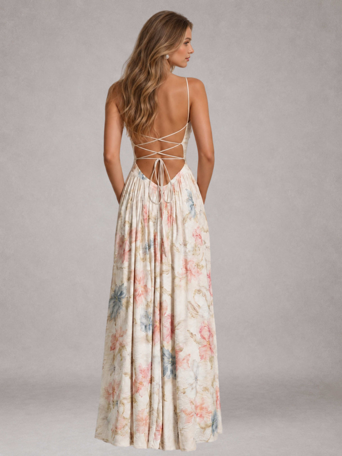 Free Shipping Pastel Floral Spaghetti Strap Cowl Neck A-Line Long Bridesmaid Dress with Lace-Up Back UK