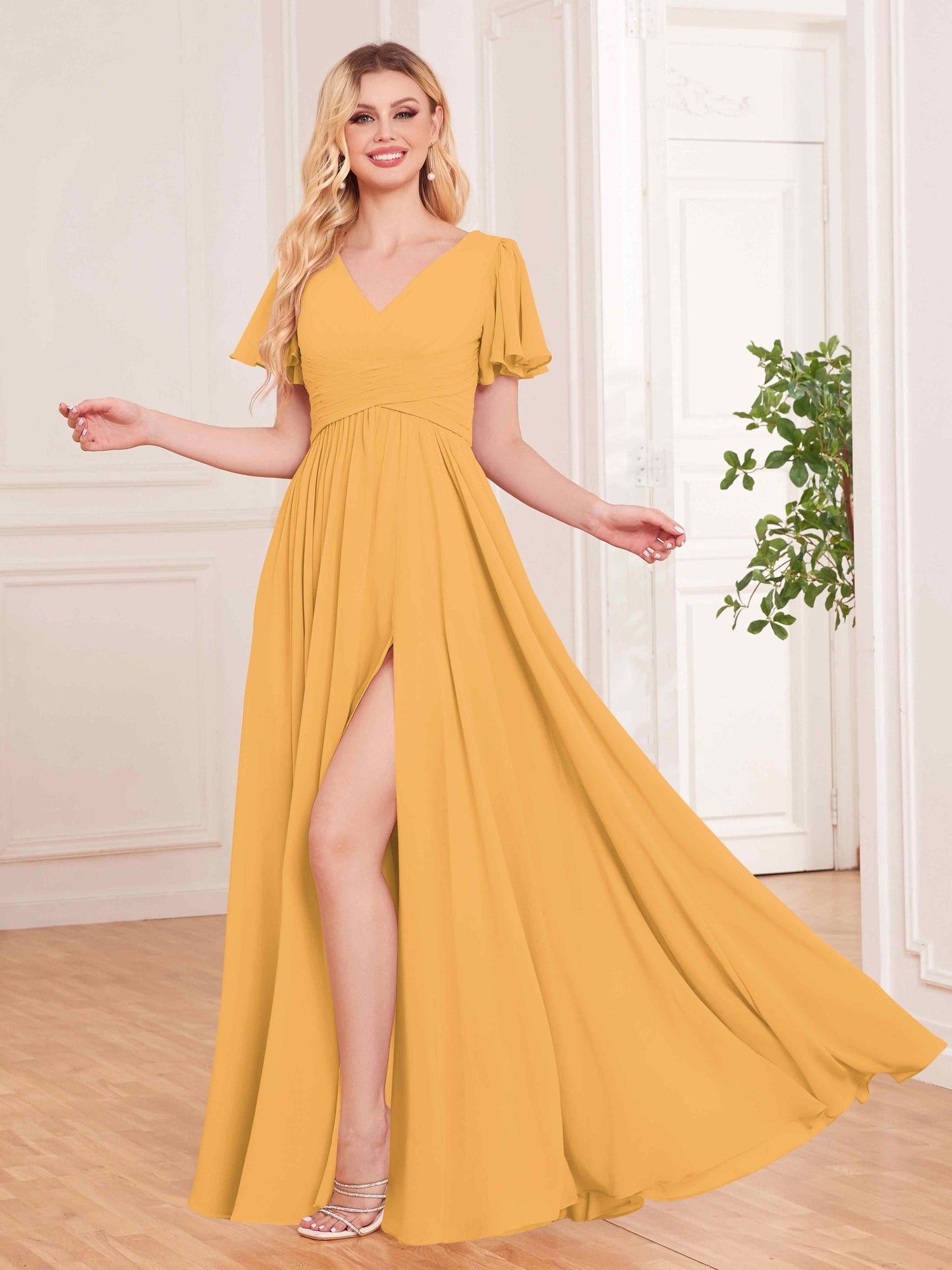 Simple Short Sleeves Floor Length Chiffon Bridesmaid Dresses UK With Pockets