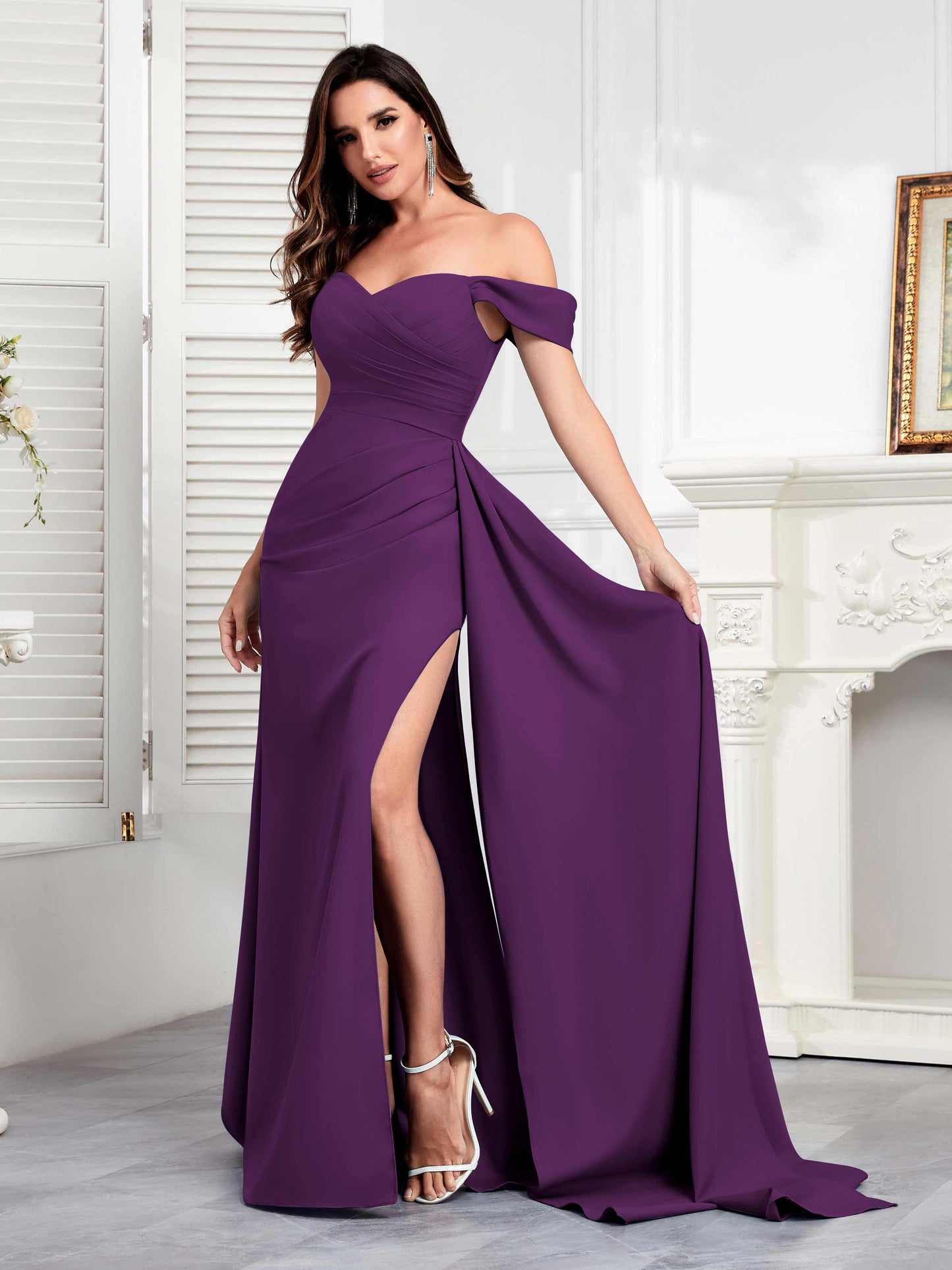 Stunning Off the Shoulder Slit Sheath Zip Back Floor Length Occasion Dresses UK