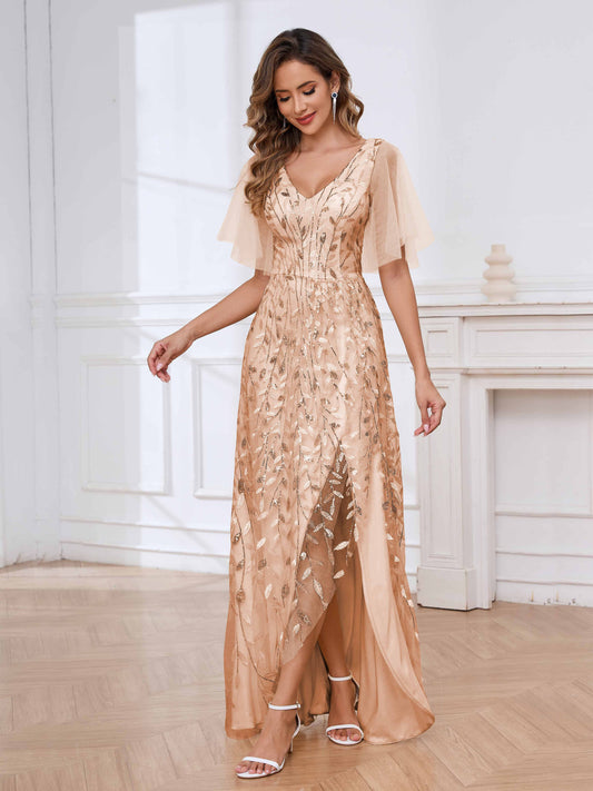 Stunning V-Neck Short Sleeves High Low Sequins Occasion Dresses UK