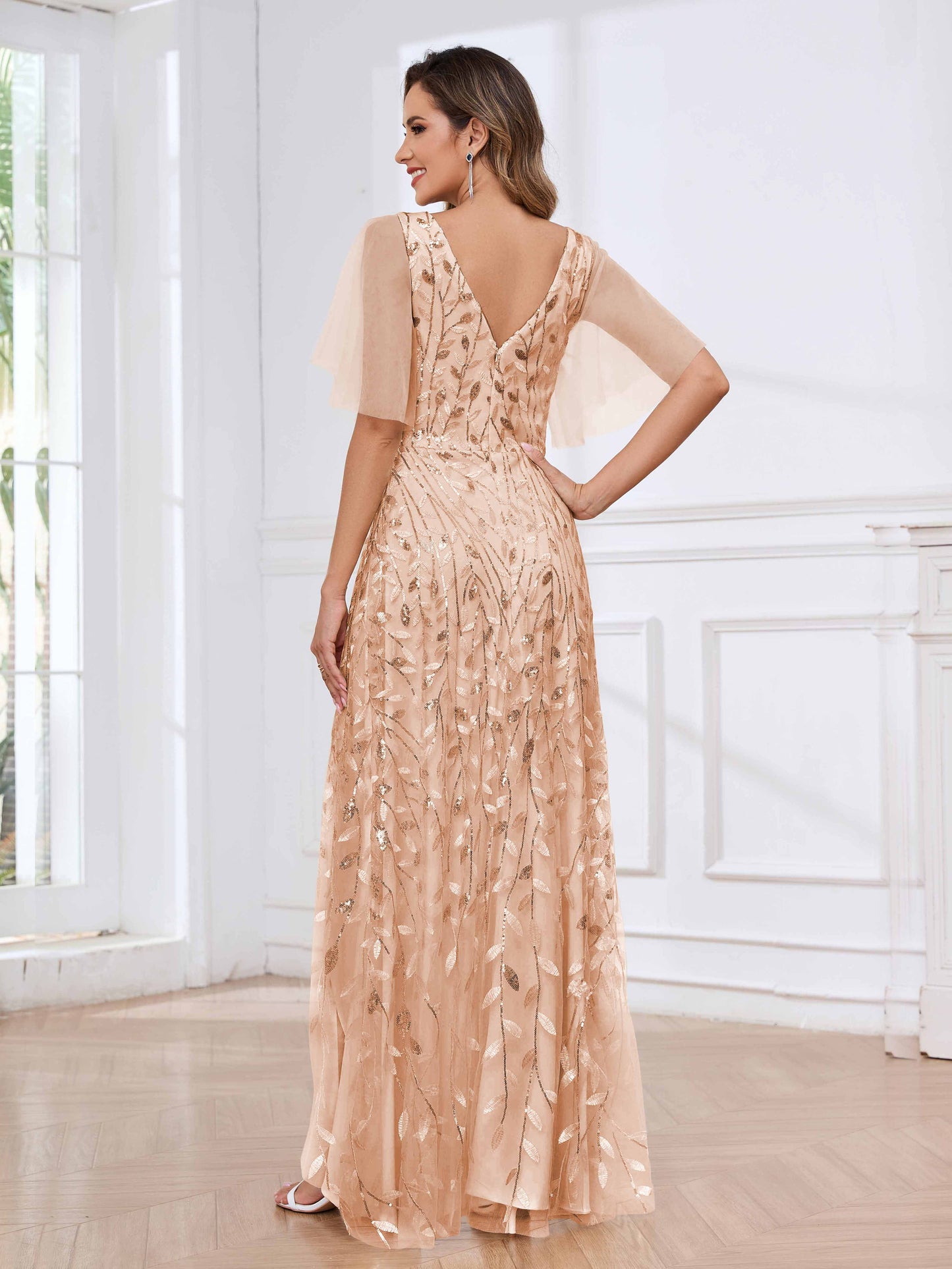 Stunning V-Neck Short Sleeves High Low Sequins Occasion Dresses UK