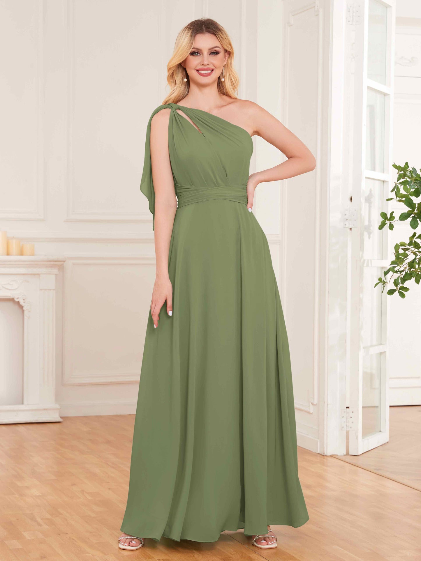 Stylish One Shoulder Bow Back Floor Length Chiffon Bridesmaid Dresses UK