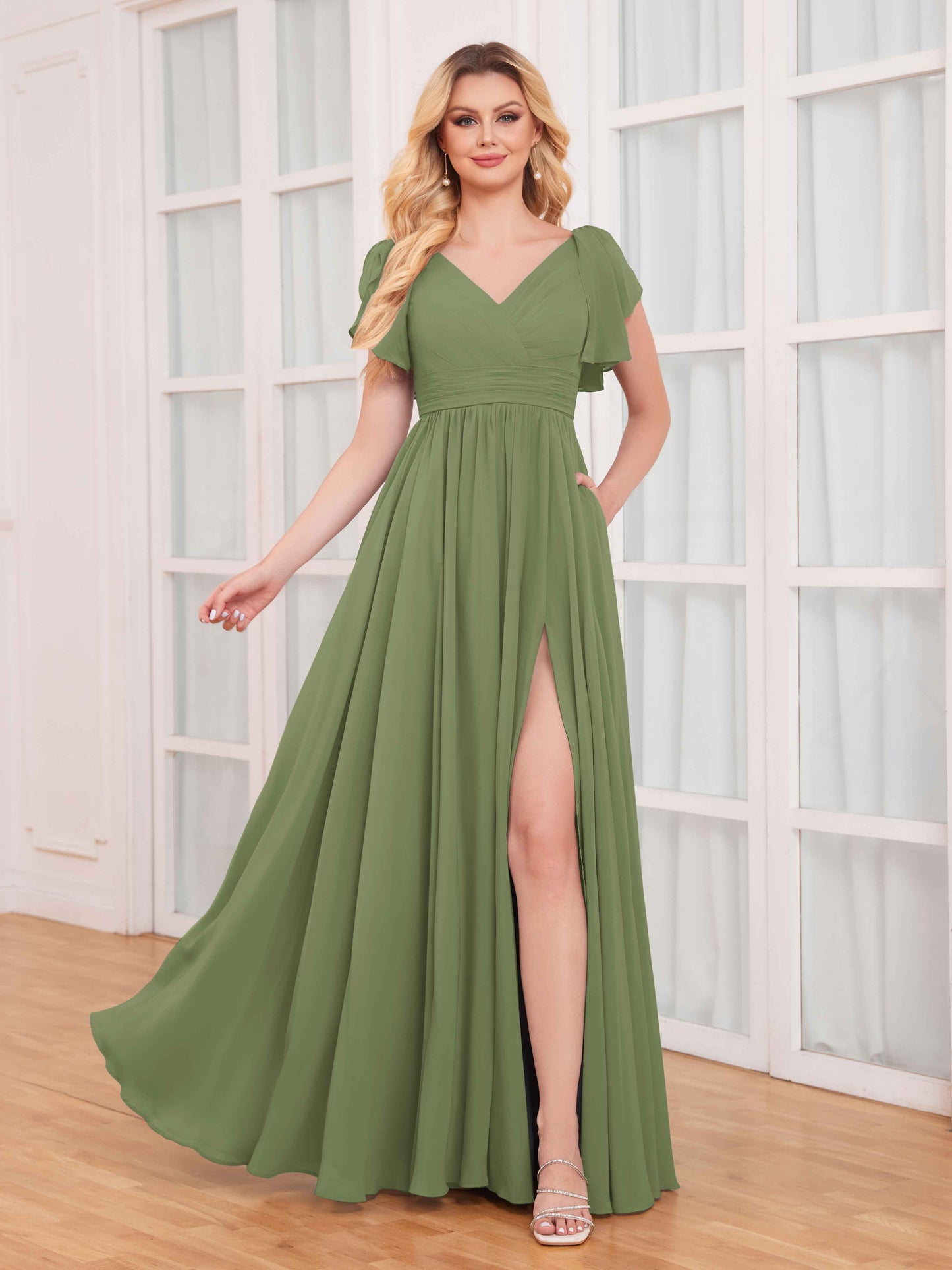Timeless Ruffles Short Sleeves Slit Chiffon Bridesmaid Dresses UK