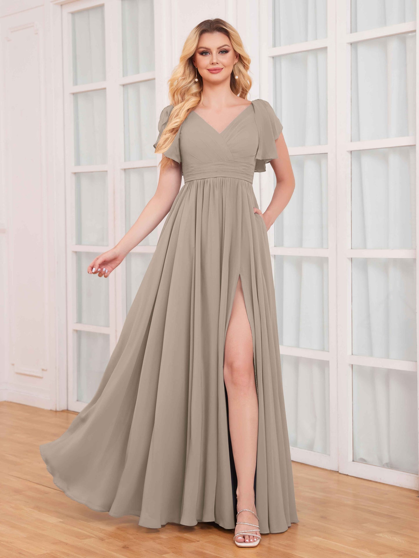 Timeless Ruffles Short Sleeves Slit Chiffon Bridesmaid Dresses UK