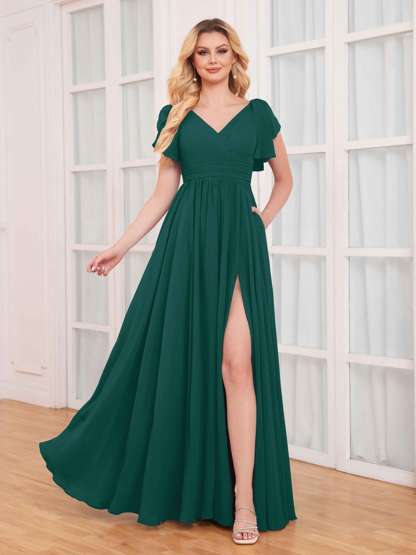 Timeless Ruffles Short Sleeves Slit Chiffon Bridesmaid Dresses UK