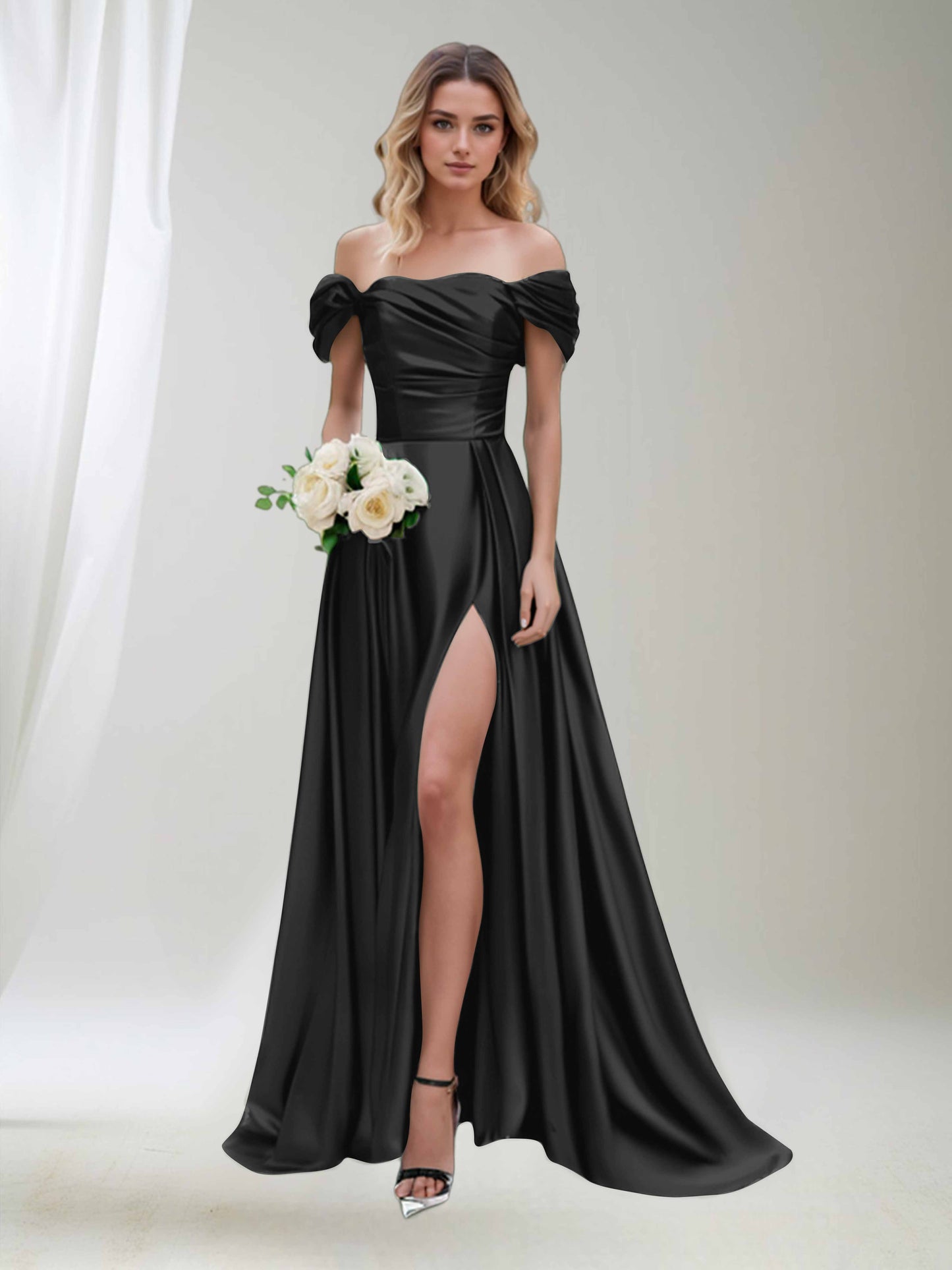 Gorgeous Off the Shoulder Ruched Slit Satin Dresses