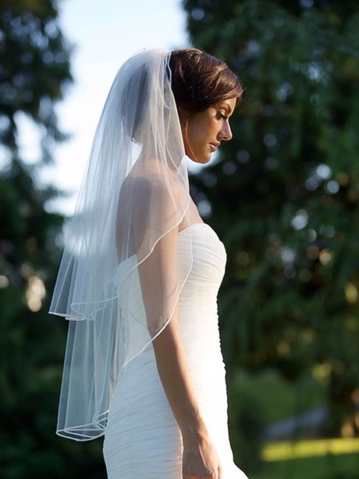 Simple Pencil Edge Two Tier Tulle Bridal Fingertip Length Wedding Veils UK
