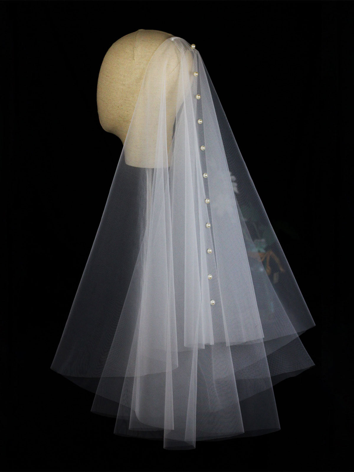 Pearl Cut Edge Two Tier Tulle Bridal Fingertip Length Wedding Veils With Blusher UK