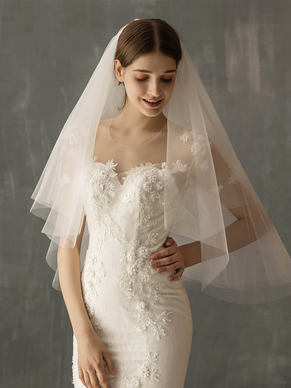 Minimalist Cut Edge Two Tier Tulle Bridal Fingertip Length Wedding Veils With Blusher UK