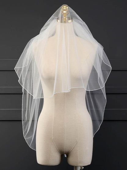 Simple Pencil Edge Two Tier Tulle Bridal Fingertip Length Wedding Veils UK
