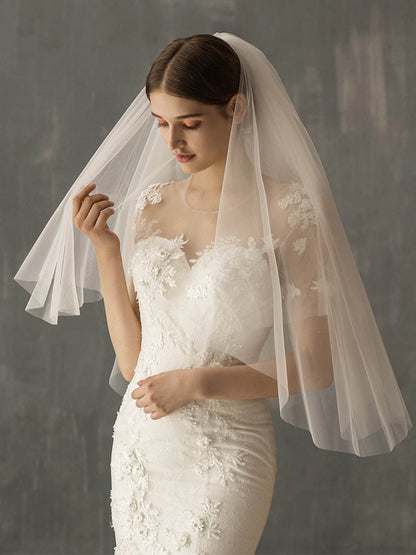 Minimalist Cut Edge Two Tier Tulle Bridal Fingertip Length Wedding Veils With Blusher UK