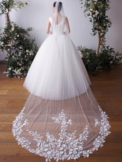 Lace Cut Edge Single Tier Tulle Bridal Cathedral Length Wedding Veils UK