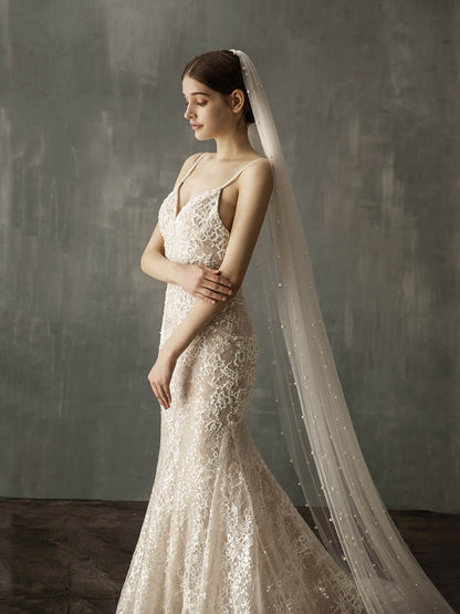 Pearl Cut Edge Single Tier Tulle Bridal Cathedral Length Wedding Veils UK