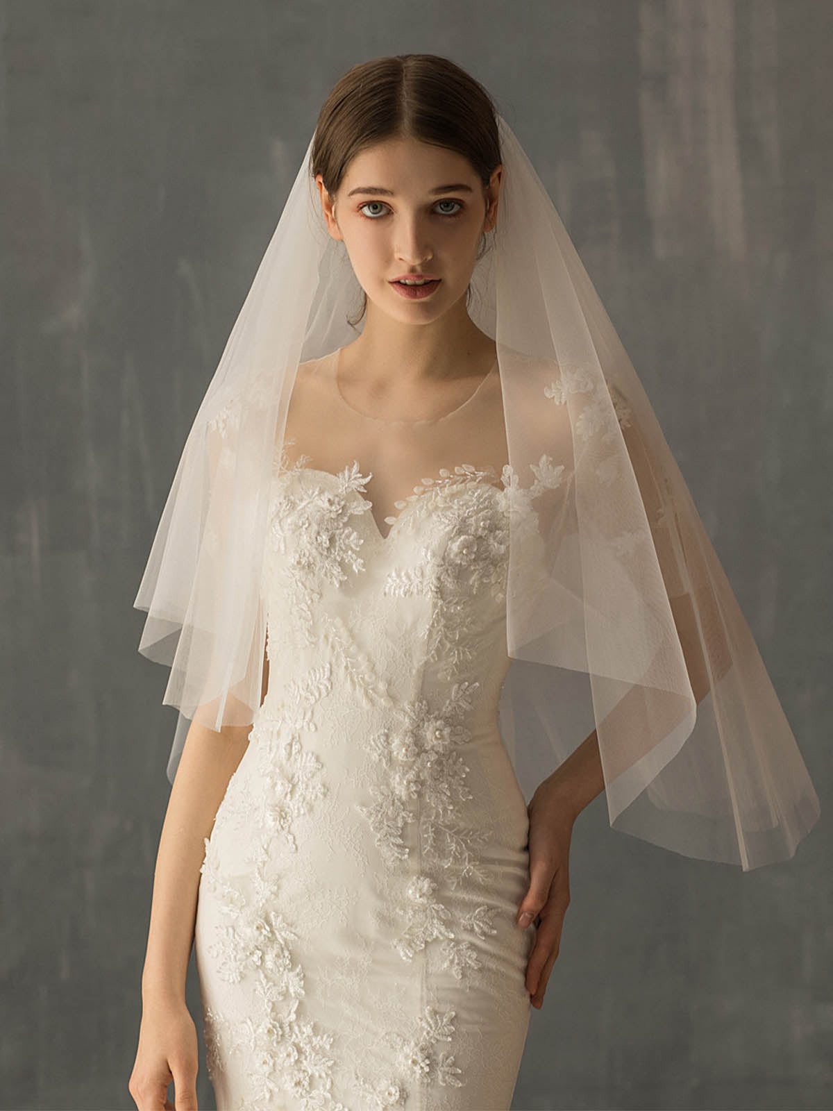 Minimalist Cut Edge Two Tier Tulle Bridal Fingertip Length Wedding Veils With Blusher UK