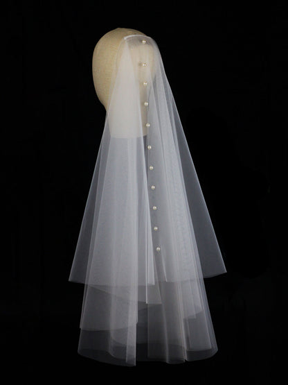 Pearl Cut Edge Two Tier Tulle Bridal Fingertip Length Wedding Veils With Blusher UK