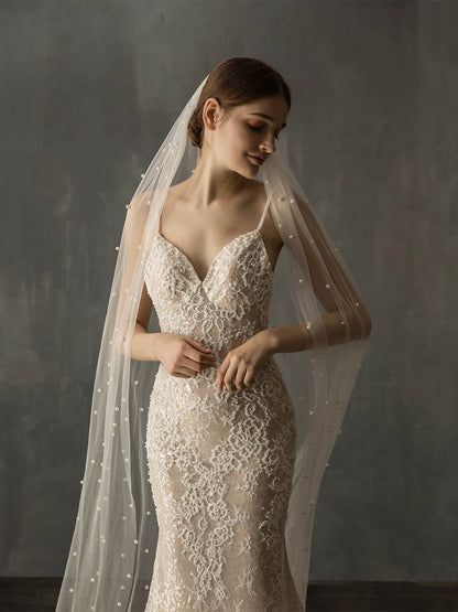 Pearl Cut Edge Single Tier Tulle Bridal Cathedral Length Wedding Veils UK